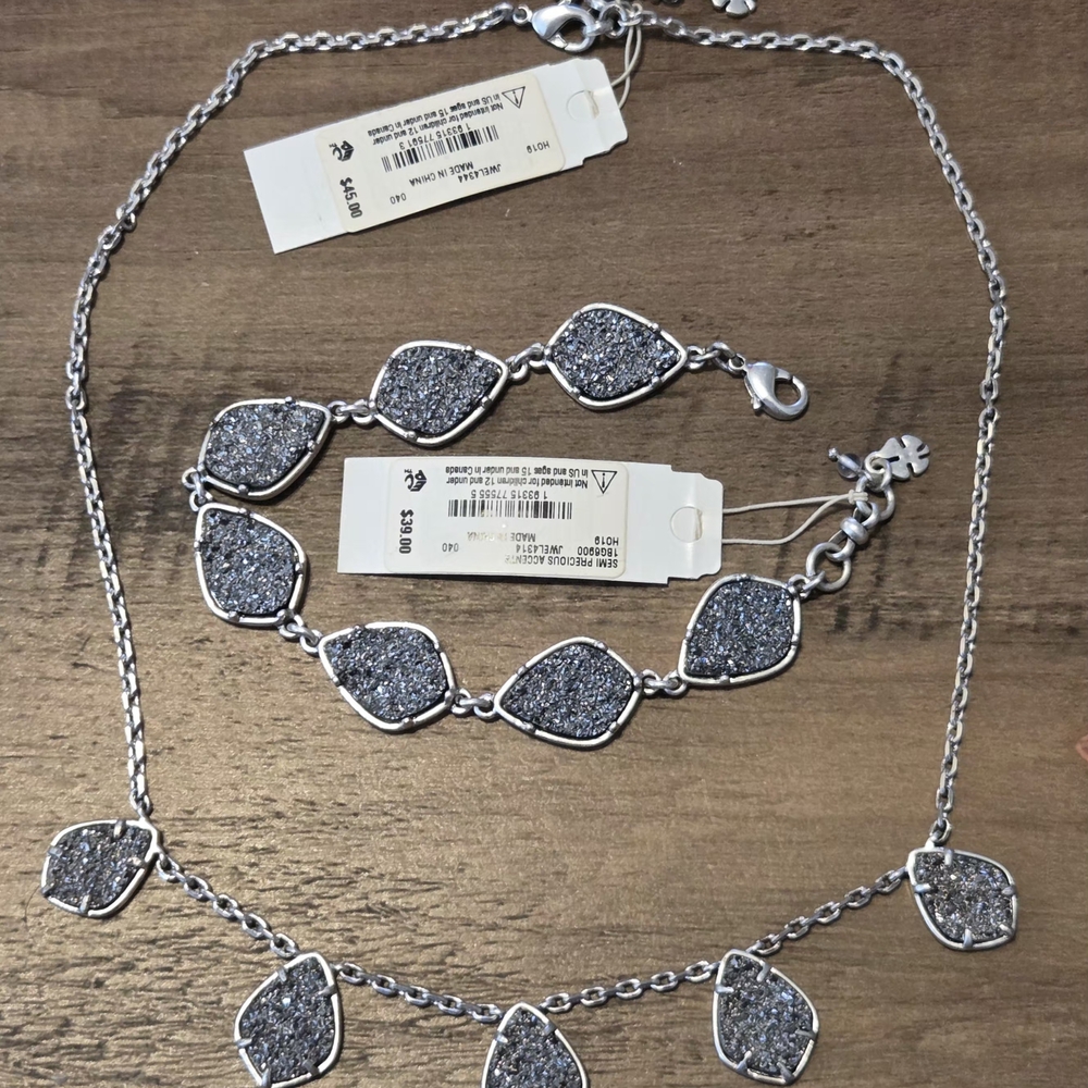 Lucky Brand Silver 2 Druzy Necklaces  Earrings and Bracelet Set